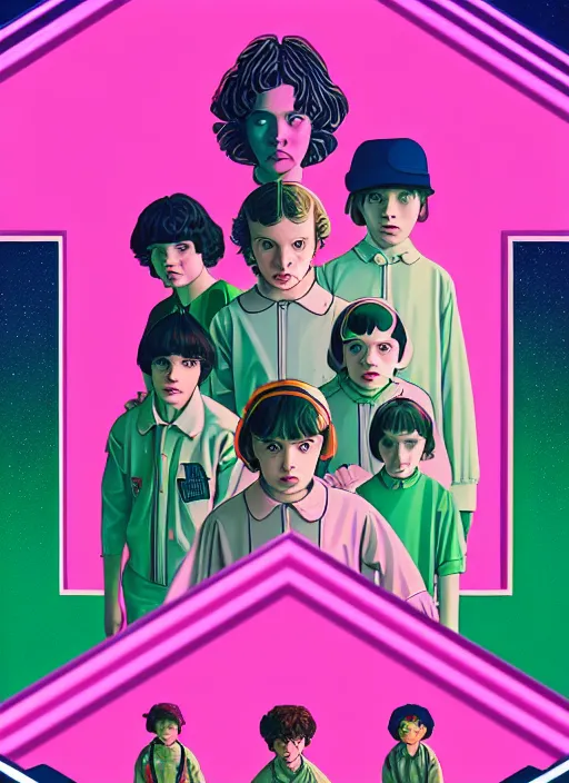 Prompt: symmetry!! poster with kids from stranger things, futuristic, dreamy, in shades of pink and green light, highly detailed, in the style of wes anderson movie shot, sharp focus, 8 k, illustration, art by kawase hasui,
