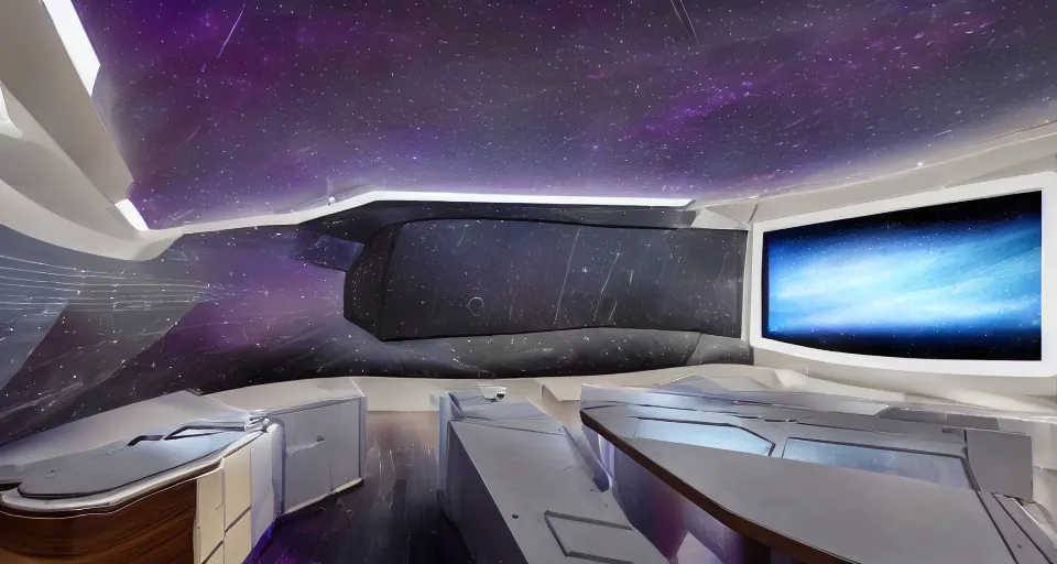 Prompt: Film still of the bridge of a space ship, stars and nebula outside, huge viewscreen at front, control panels, dark walnut wood effect, pot plants, organic, white leather, high end interior, soft warm light, purple highlights, simple ceiling, soft edges, calm feeling, Cinestill colour cinematography, anamorphic, detailed, 4k, 8k, intricate, digital art, matte painting