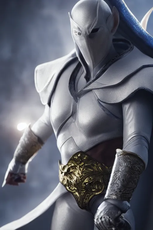 Image similar to hyperrealistic photography of Moon Knight mixed with Elf and Blade style of Hossein Diba, Gal Yosef, full-shot, 4k, highly detailed, cinematic lighting, photorealistic, 3d render, award winning render, unreal engine, masterpiece, octane render, sharp focus, studio lighting, 8k, hd