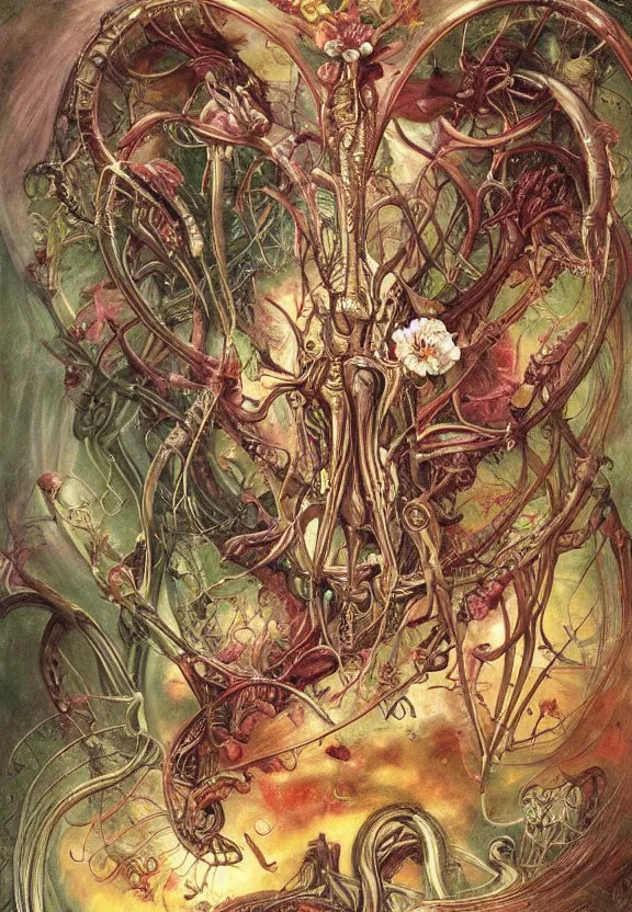 Prompt: simplicity, elegant, colorful muscular eldritch orchids, lilies, flowers, bodies, neon, radiating, honeybees, mandalas, by h. r. giger and esao andrews and maria sibylla merian eugene delacroix, gustave dore, thomas moran, pop art, giger's biomechanical xenomorph, art nouveau