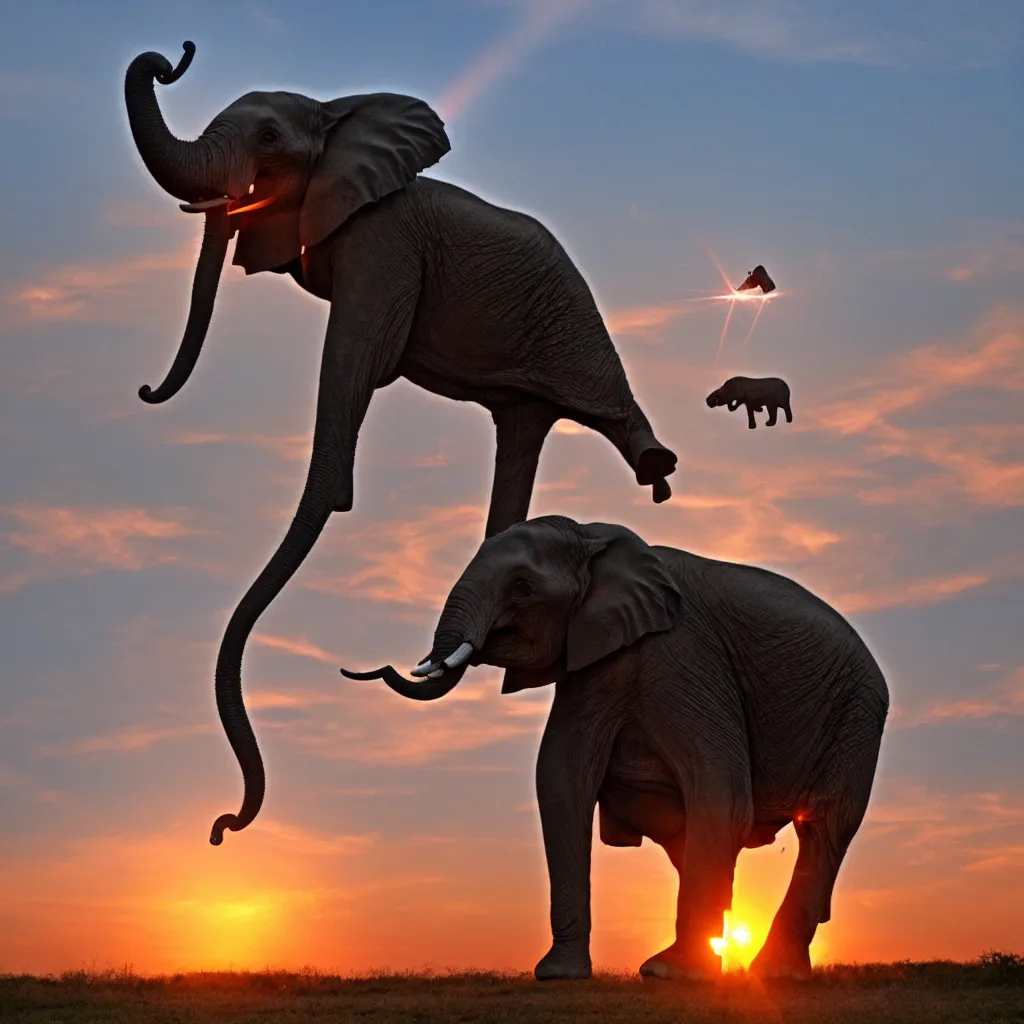 Prompt: elephant shooting lasers from its eyes in front of a sunset