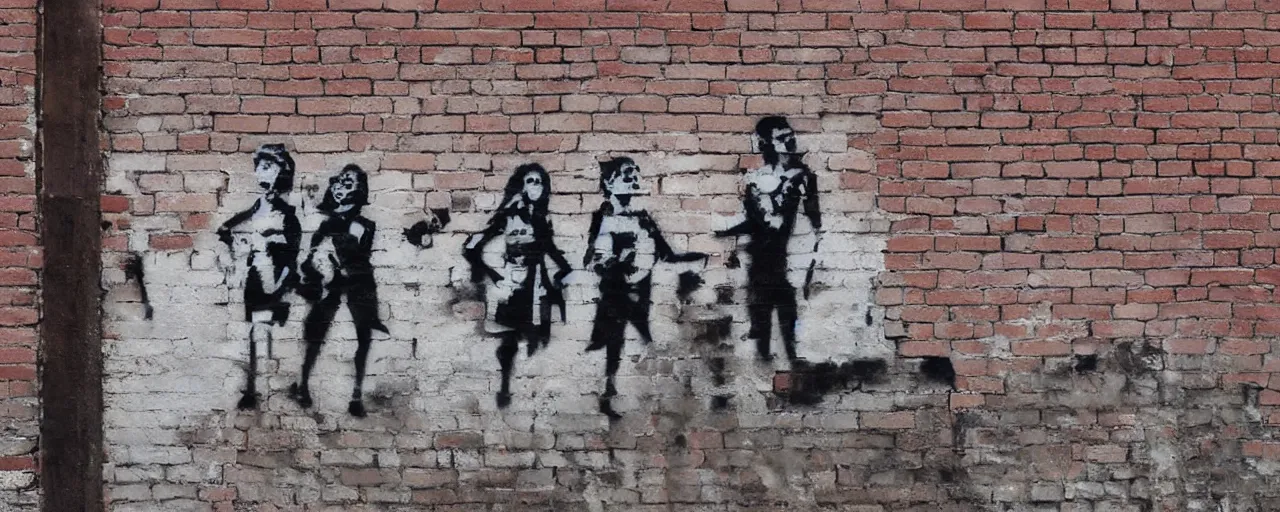 Prompt: a brick wall with banksy style graffity showing a line of female portraits with widely open mouth, 8k, trending on twitter