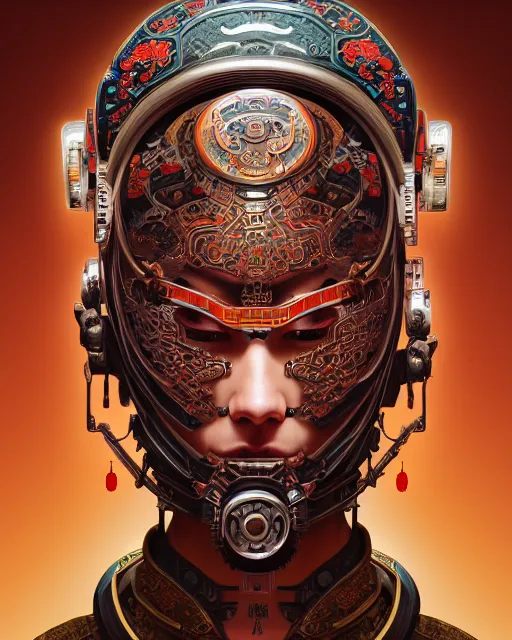 Image similar to portrait of a cyberpunk machine, machine face, upper half portrait, decorated with chinese opera motifs, asian, fine china, wuxia, traditional chinese art, intricate, elegant, highly detailed, symmetry, headpiece, digital painting, artstation concept art smooth sharp focus, illustration, art by artgerm and greg rutkowski alphonse mucha 8 k