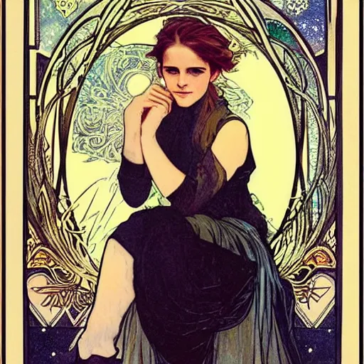 Image similar to emma watson portrait by louis - theophile hingre and alphonse mucha, realistic, sharp focus, zodiac signs, tarot cards, planets, ethereal, art nouveau, magic, moon, sun, crown, dreamy, royal, jewellery