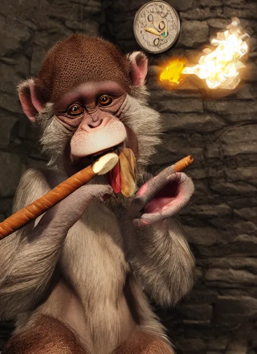 Image similar to pathfinder 2 e illustration of furry monkey goblin smoking a cigar, unreal engine, hyper realism, realistic shading, cinematic composition, realistic render, octane render, detailed textures, photorealistic, wide shot