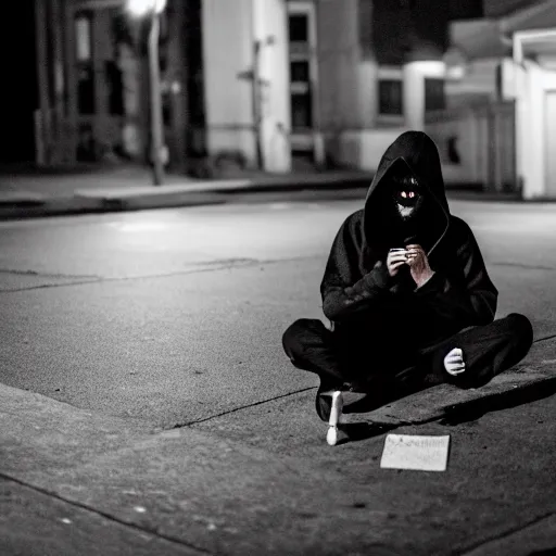 Prompt: a skeleton in a hoodie sitting on the street smoking a cigarette at night