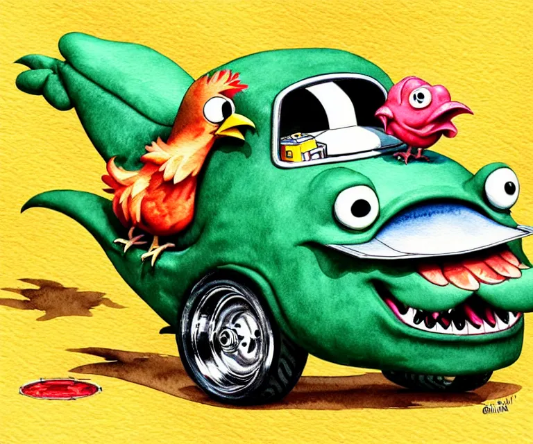 Image similar to cute and funny, chicken driving a tiny black hot rod with an oversized engine, ratfink style by ed roth, centered award winning watercolor pen illustration, isometric illustration by chihiro iwasaki, edited by craola, tiny details by artgerm and watercolor girl, symmetrically isometrically centered