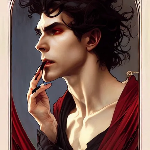 Image similar to attractive twenty first century male vampires beautiful eyes. highly detailed painting by artgerm and greg rutkowski and alphonse mucha 8 k