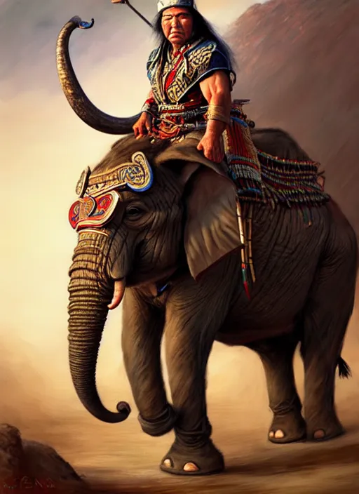 Prompt: portrait of a tai ethnic warlord rides an asian war elephant with emotional movement in the battlefield, historical, tai ethnic decoration, elegant, loin cloth, highly detailed, oil painting, artstation, concept art, matte, sharp focus, illustration, hearthstone, art by earl norem