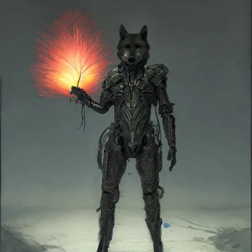 Image similar to stalker exoskeleton armor, anthropomorphic shiba inu, holding glowing stalker artefact, stuning 3 d render, masterpiece, glowing black aura, foggy dark graveyard, by donato giancola and greg rutkowski and wayne barlow and zdzisław beksinski, realistic face