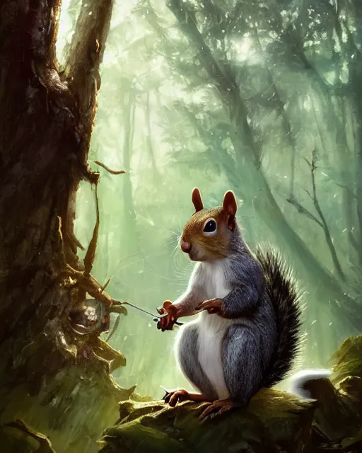 Image similar to Squirrel clothed, portrait, magic, forest background, magic the gathering artwork, D&D, fantasy, cinematic lighting, centered, symmetrical, highly detailed, digital painting, artstation, concept art, smooth, sharp focus, illustration, volumetric lighting, epic Composition, 8k, art by Akihiko Yoshida and Greg Rutkowski and Craig Mullins, oil painting, cgsociety