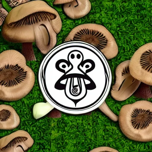 Prompt: Shroominati, a stylized logo of a mushroom-based secret society