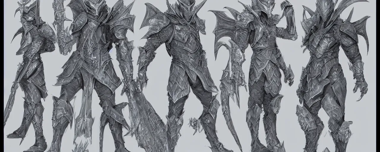 Image similar to A character sheet of a dragon hunter in full grey scales armor and hood that hides his face with masks hanging from his belt, concept art, anime, Highly Detailed.