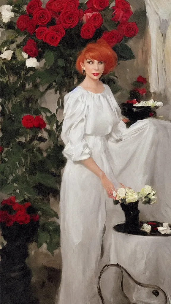 Image similar to portrait of julee cruise in white balloon sleeve dress beside a pot of red roses, a detailed persian curtain in back painted by john singer sargent