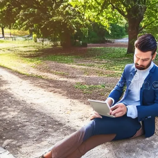 Image similar to 3 0 year old stylish man using smartphone outdoors in the park realistic image, 4 k 3 0 mm photography, stock image