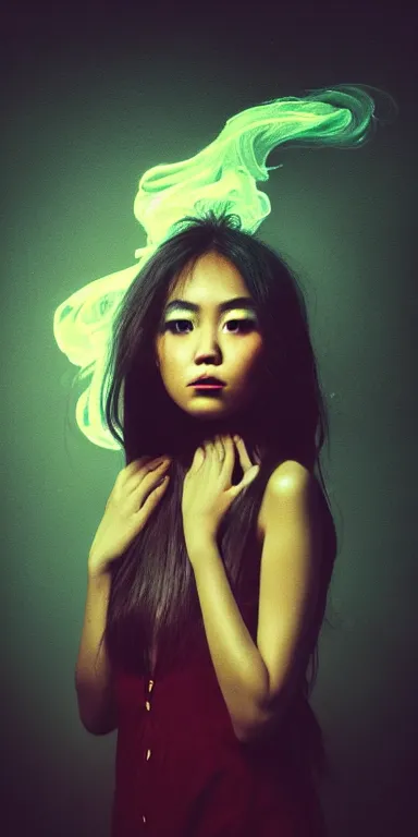 Image similar to dark background, light paint, candid!! long portrait of a very very beautiful! young filipino woman with narrow face, large eyes and flowing long hair, swirling dreamy smoke and fog is coming from her mouth, face partially obscured, by conrad roset, abstract background, dramatic lighting, trending on artstation