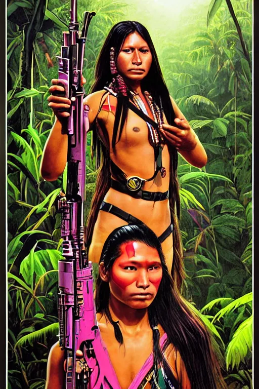 Prompt: an indigenous ecuadorian huaorani young woman holding a nuclear futuristic weapon in the jungle, poster art by daniele caruso, benediktus budi, jason edmiston, vc johnson, powell peralta, volumetric light, foggy pink ambience