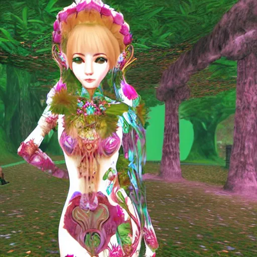 Image similar to cute female forest spirit wearing ornate floral cybernetic mughal valentino resort dress in a 3 d psx ps 2 jrpg style, esoteric scifi magical alien ruins ritual environment, fashion gameplay screenshot, highly detailed, atelier, xenogears