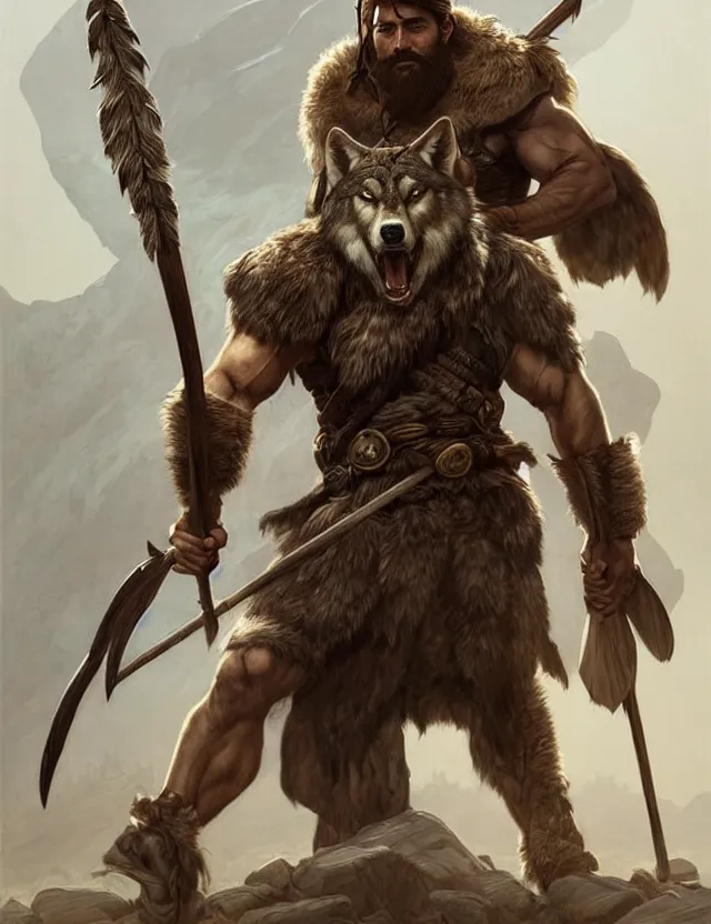 Image similar to full body portrait of a gruff ranger with a spear, wolf pelt on his head, muscular, handsome face, hairy body, D&D, fantasy, intricate, elegant, highly detailed, digital painting, artstation, concept art, matte, sharp focus, illustration, art by Artgerm and Greg Rutkowski and Alphonse Mucha