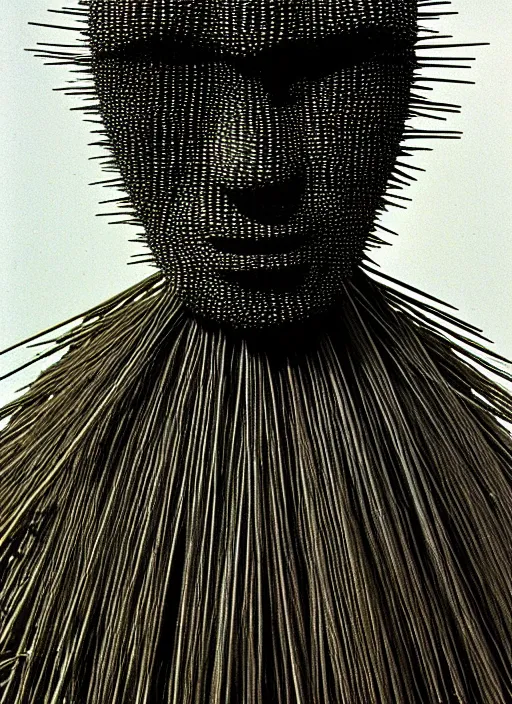 Image similar to realistic photo of a full - height model of human head made of black rubber realistic made of black clay, covered in very very long hay spikes needles, center straight composition, 2 0 0 0, life magazine photo, museum archival photo