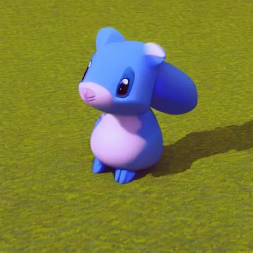 Prompt: a small blue animal sitting on top of a lush green field, a screenshot by ken sugimori, tumblr, toyism, ps 1 graphics, physically based rendering