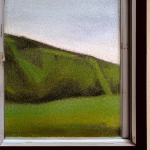 Prompt: a cinematic view looking out a window into an open field, wind blows the leaves, oil painted