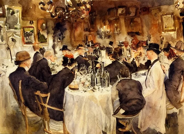 Image similar to gentlemens dinner, singing, roaring twenties, cellar, masterpiece, torches on wall, meat, wine, schnapps, smoking cigars, scantily clad blondes, watercolor by anders zorn and carl larsson, art nouveau