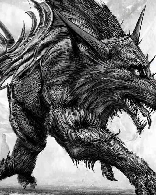 Image similar to A minotaur wolf, full body, black and white, highly detailed, close-up, fantasy art, monster art, in the style of masami kurumada, illustration, epic, fantasy, intricate, hyper detailed, artstation, concept art, smooth, sharp focus, ray tracing