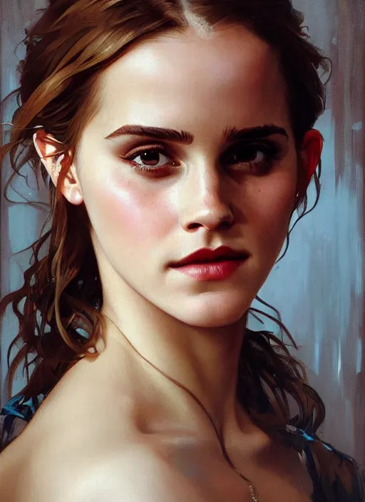Image similar to oil painting of emma watson giving biting her lip seductive look. beautiful detailed face. by artgerm and greg rutkowski and alphonse mucha