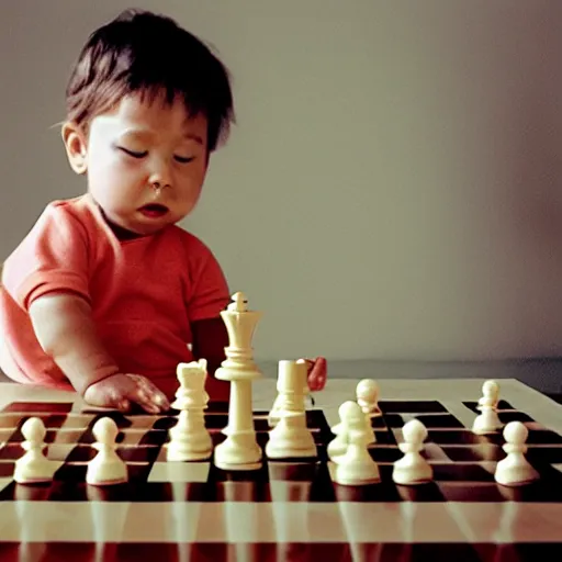 Prompt: portrait photo of a toddler looking at a chess board, confused, by annie liebovitz,