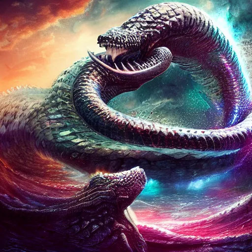 Prompt: jormungandr eating the world, iridescent, beautiful, technological, galactic, hyper-detailed, mega-detailed, realistic, cinematic, octane render, concept art, dark, cosmic, ominous, dramatic, lovecraftian, symmetric, swords, colorful and dark