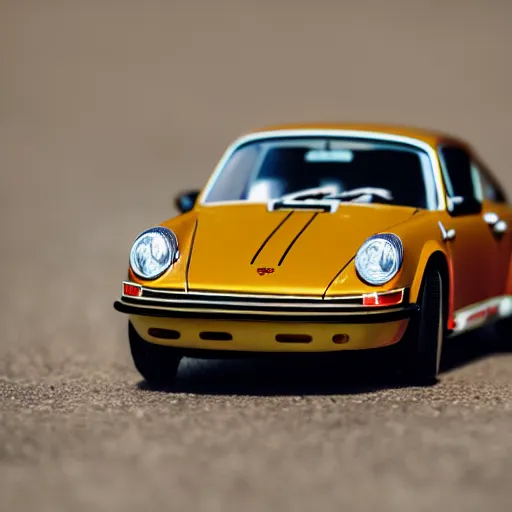 Prompt: close up photo of a small toy porsche 9 1 1 9 6 4 on a road stripe, cinematic, shallow dof, 3 5 mm, 4 k, macro