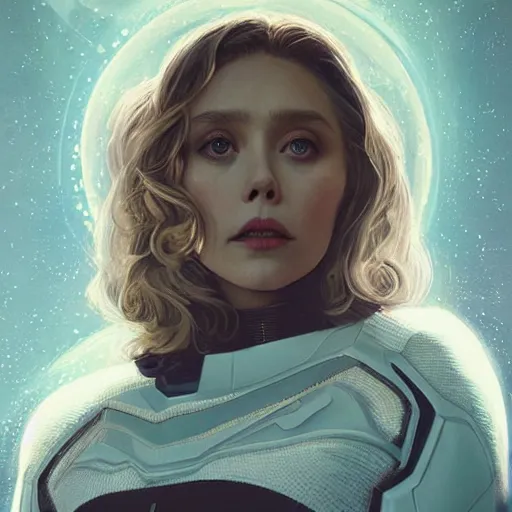 Image similar to Elizabeth Olsen as a stunning , beautiful retro SCI-FI space heroine 1985 , movie poster, intricate, elegant, highly detailed, centered, digital painting, trending on artstation, concept art, smooth, sharp focus, illustration, art by raphael lacoste ,eddie mendoza ,alex ross, WLOP