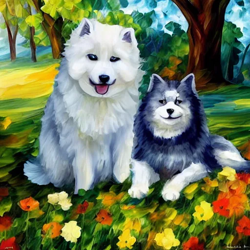 Image similar to a samoyed dog sitting next to a grey scottish fold cat in the middle of sunny meadow, by leonid afremov