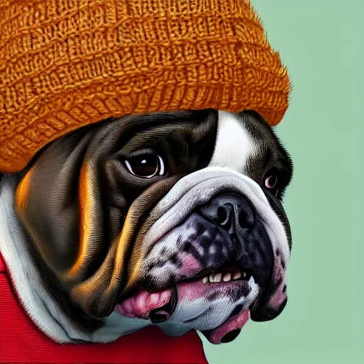 Image similar to close-up of a bulldog wearing a beanie, highly detailed, sharp focus, digital painting, artwork by Victor Adame Minguez + Yuumei + Tom Lovell + Sandro Botticelli