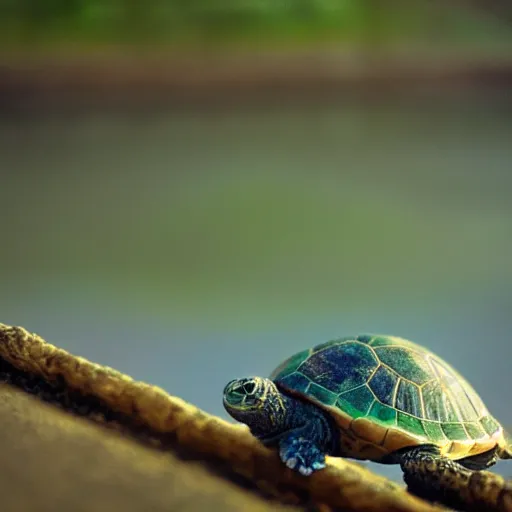 Image similar to turtle made by studio ghibli, digital art, soft focus, depth of field, hdr, serene