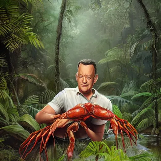 Image similar to Tom Hanks as forrest gump hugging a giant shrimp in the jungle, realistic digital painting, in the style of Aleksi Briclot, photoreailstic, realistic face, amazing detail, sharp