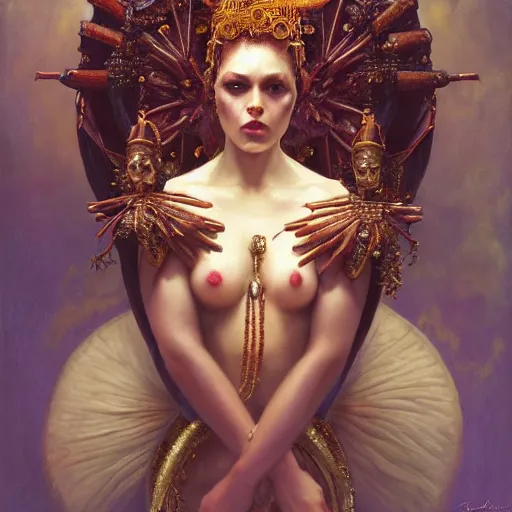 Image similar to highly detailed oil painting | very intricate | cinematic lighting | the voodoo priestess dressed very elaborate | by roberto ferri, by tom bagshaw, by j. c. leyendecker and klimt, beautiful cinematic light, american romanticism, by austin osman spare, artstation, cgsociety, official art, octane