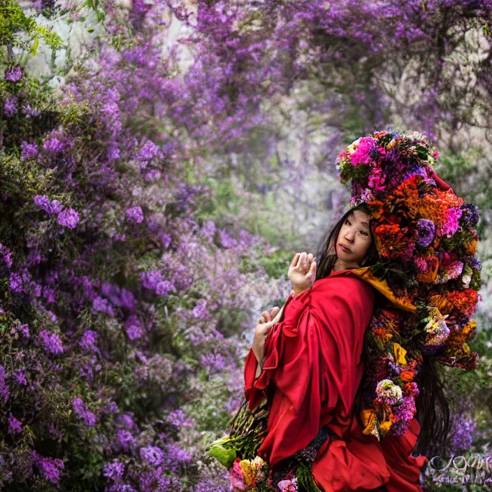 Image similar to an oni wearing a cloak made of flowers, by Omar Z. Robles, CANON Eos C300, ƒ1.8, 35mm, 8K, medium-format print