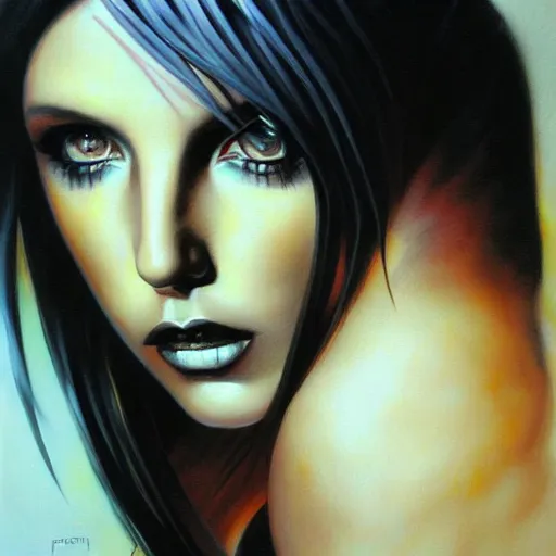 Prompt: detailed portrait of emo britney spears anime intricate, hyper detailed, realistic, oil painting, by julie bell, frank frazetta, cinematic lighting