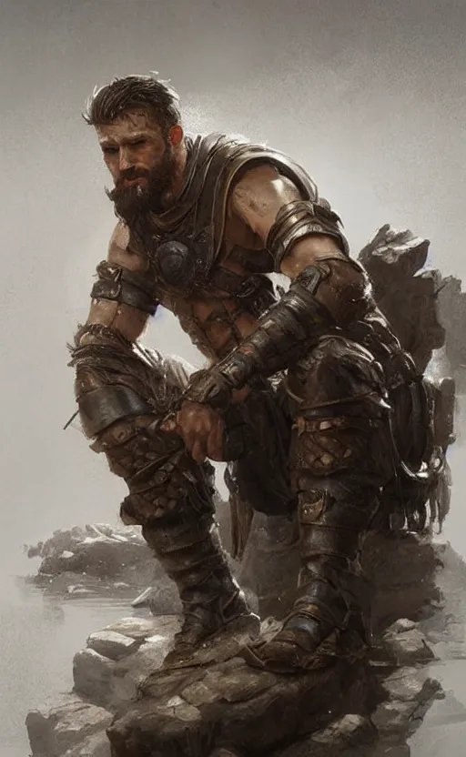 Prompt: Portrait of a rugged ranger sitting down, male, muscular, straight nose!!!, detailed face, handsome face, bare thighs!!!, simple clothing!!!!!, fantasy, medieval, highly detailed, cinematic lighting, digital art painting by greg rutkowski