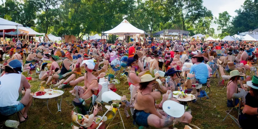 Prompt: music festival full of white chicken with hats and drinks. only chicken, no humans. fowl festival.