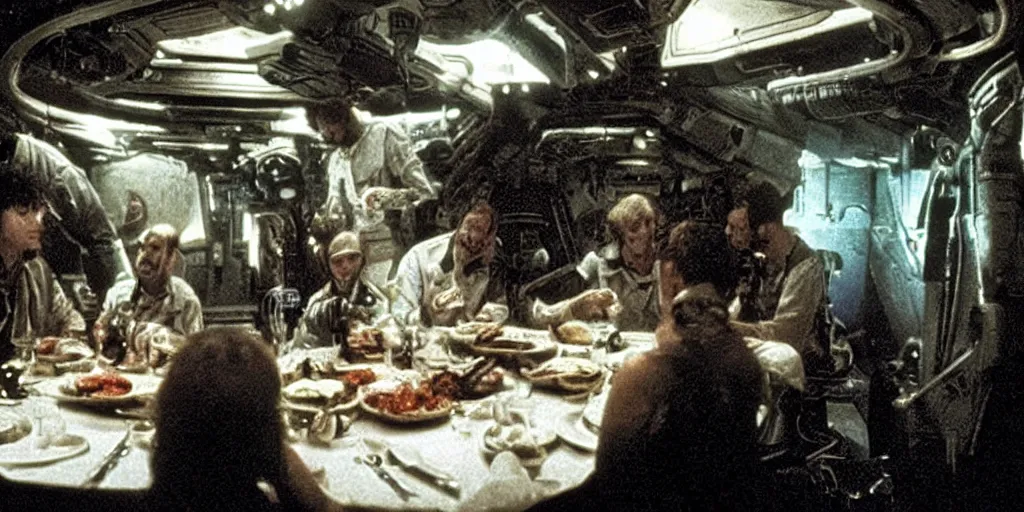 Prompt: a dinner scene within the Nostromo by Ridley Scott, Alien movie, grainy, bluish and cream tones