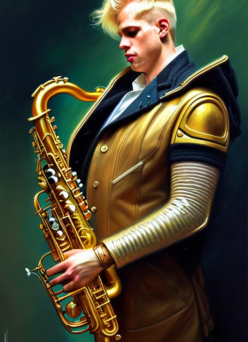 Image similar to portrait of a blond man playing sax, warhammer 40000, cyberpunk, intricate, elegant, highly detailed, digital painting, artstation, concept art, smooth, sharp focus, illustration, art by artgerm and greg rutkowski and alphonse mucha and Gustav Klimt