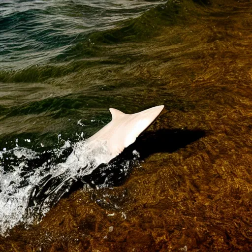 Image similar to photo of a shark fin above water, white background