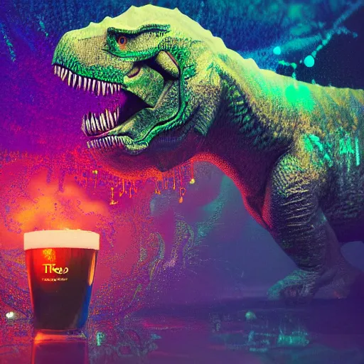 Image similar to t - rex drinking a giant ipa, intricate complexity, inverted rainbow drip paint, psychedelic glitch art, trending on art station, photoreal, 8 k, octane render