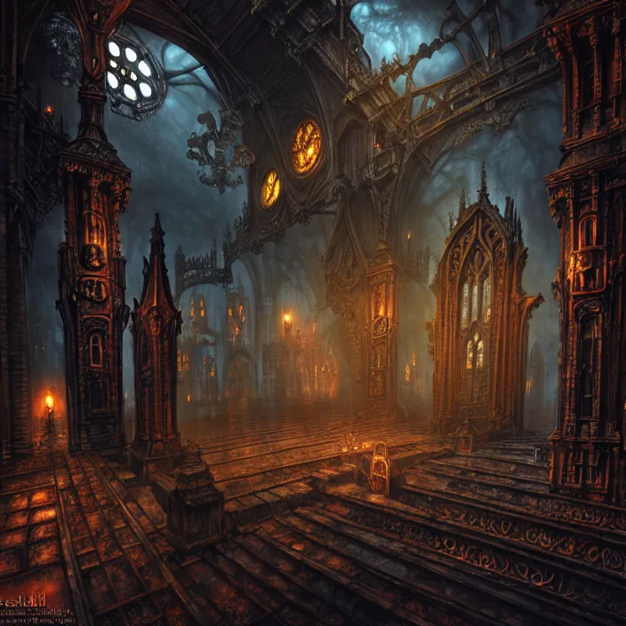 Image similar to steam necropolis, memento mori, gothic, neo - gothic, art nouveau, hyperdetailed copper patina medieval icon, stefan morrell, philippe druillet, ralph mcquarrie, concept art, steampunk, unreal engine, detailed intricate environment, octane render, moody atmospherics, volumetric lighting, ultrasharp, ominous, otherworldly