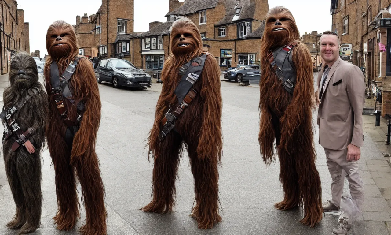 Prompt: photo of chewbacca and krrsantan standing on the streets of rochester, england