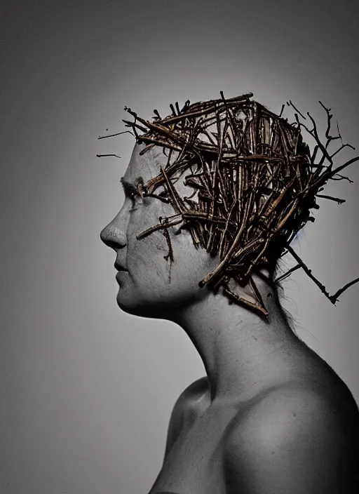 Prompt: a woman's face in profile, made of twigs, in the style of the dutch masters and gregory crewdson, dark and moody
