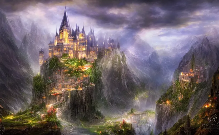 Image similar to beautiful secret city of the elves gondolin on top of a mountain, magical gloomy mystical. by konstantin razumov, fractal flame, chiaroscuro, highly detailded